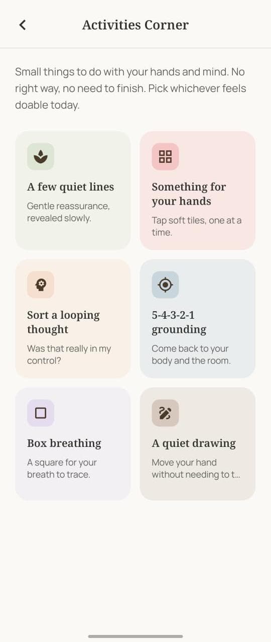 Activities Corner grid with six interactive grief exercises